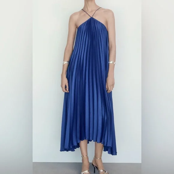 021 Mango Elegant Blue Pleated Halter Neck Halter Dress, Size 6 NWOT - Picture 4 of 11